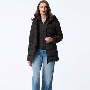 BERNARDO COSMIC PUFFER ECOPLUME COLLECTION HOODED BLACK JACKET/COAT WITH BIB NWT